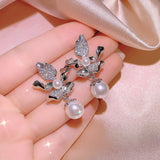 Zircon Bow Bone Chain Necklace Pearl Stud Earrings Set