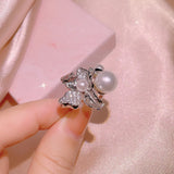 Zircon Bow Bone Chain Necklace Pearl Stud Earrings Set