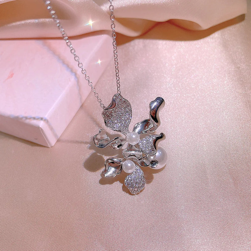 Zircon Bow Bone Chain Necklace Pearl Stud Earrings Set