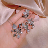 Zircon Bow Bone Chain Necklace Pearl Stud Earrings Set