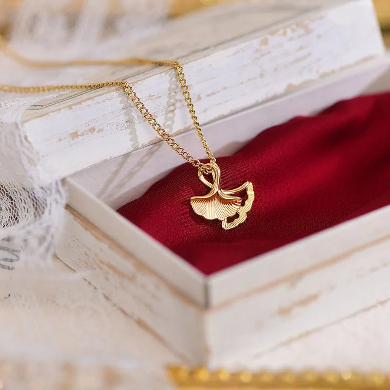 Ginkgo Biloba Women Necklace Charm 14K Real Waterproof Clavicle Chain