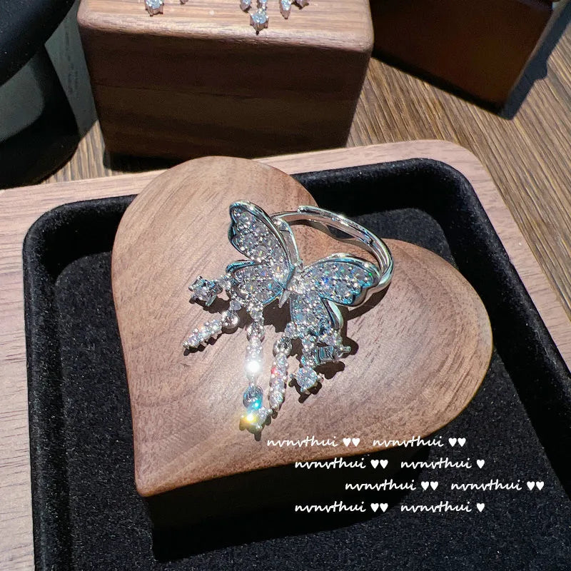 Tassel Butterfly Ring Charms Zircon Silver Jewelry Set