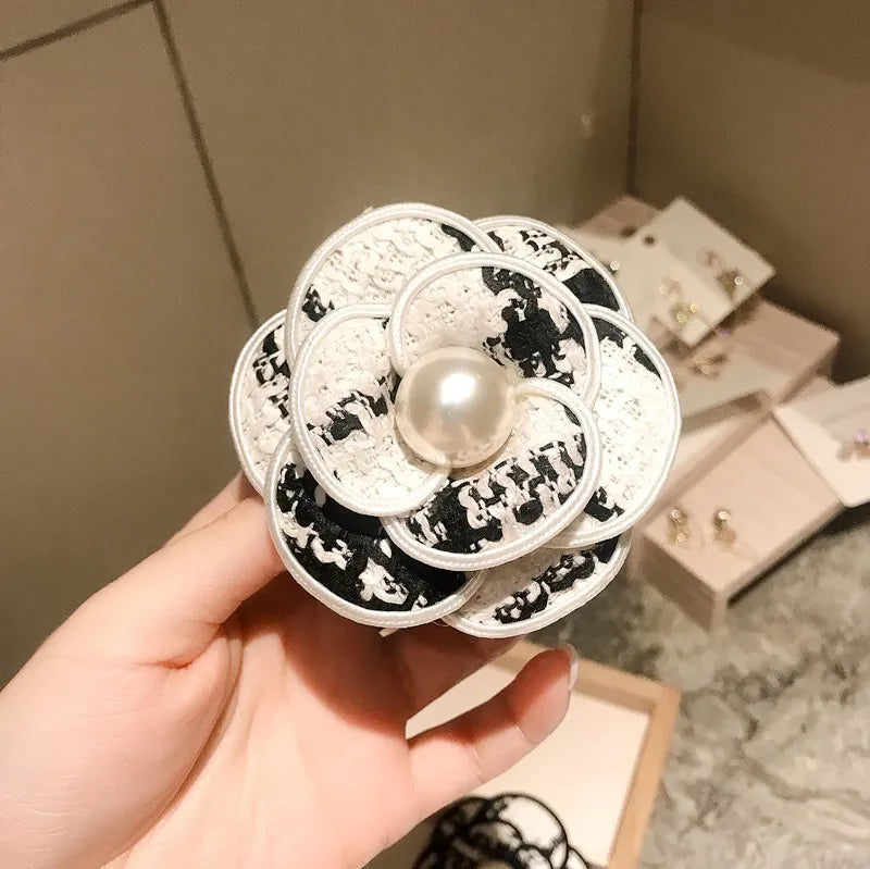 Fabric Camellia Flower Brooch Pearl Rhinestone Corsage Shirt Collar Pins