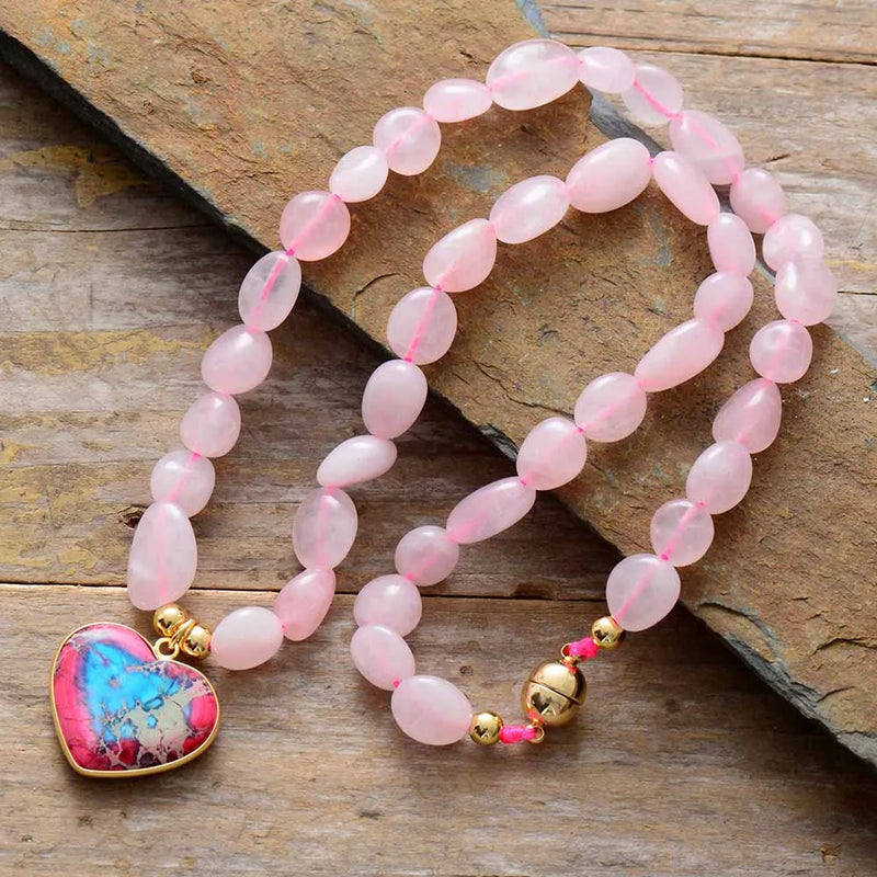 Rose Quartz Heart Pendant Necklace Boho Teengirl Jewelry