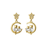 925 Silver Moon Cat Drop Earrings with CZ Star Ear Jewelry Gift