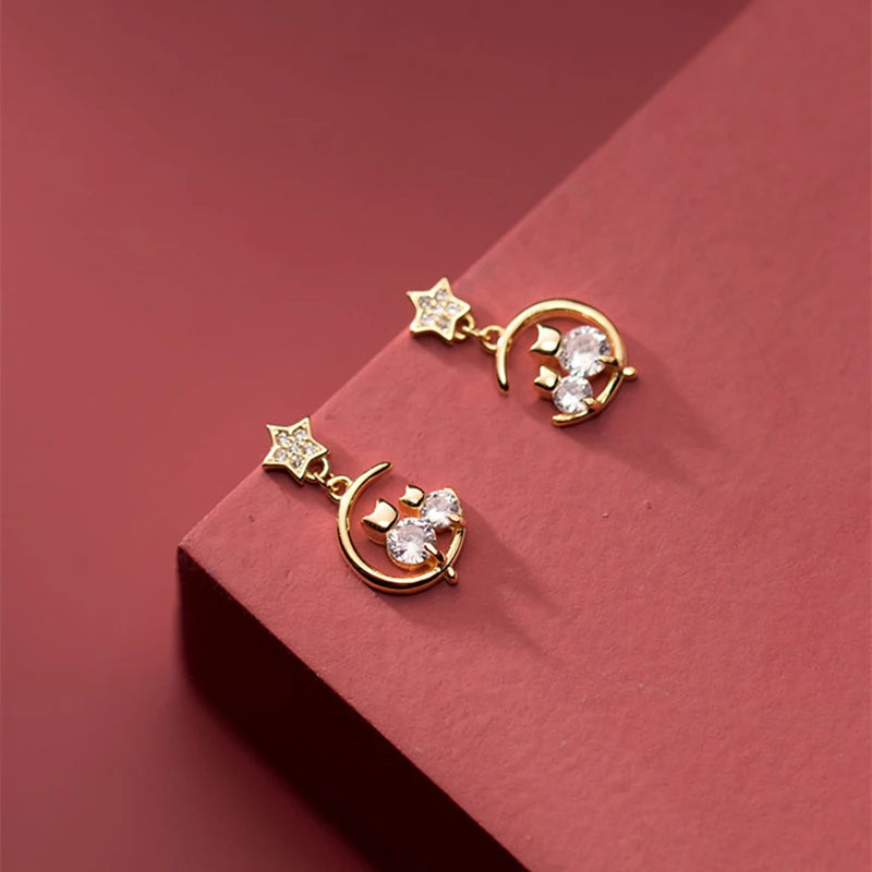 925 Silver Moon Cat Drop Earrings with CZ Star Ear Jewelry Gift