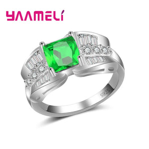 925 Silver Finger Rings for Girl Wedding Green Crystal Rhinestone Anillos