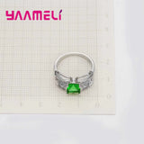 925 Silver Finger Rings for Girl Wedding Green Crystal Rhinestone Anillos