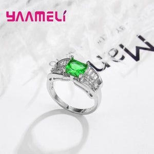 925 Silver Finger Rings for Girl Wedding Green Crystal Rhinestone Anillos