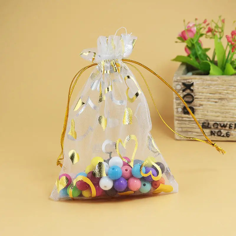 100Pcs 9x12cm Organza Bags Hearts Wedding Candy Jewelry Packaging