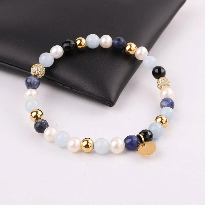 6mm Natural Stone Beaded CZ Pave Ball Charm Bracelet