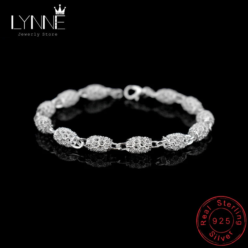 925 Sterling Silver Hollow Oval Charm Bracelet Bohemia Ethnic Style