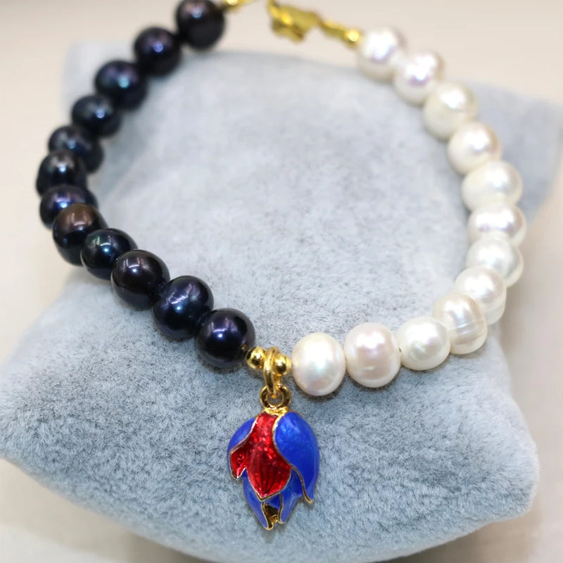 8-9mm Natural Pearl Beads Bracelet for Women Flower Cloisonne Diy Jewelry