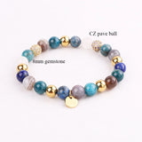 8mm Natural Stone Beaded Bracelet with CZ Pave Ball Charm