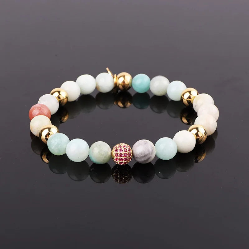 8mm Natural Stone Beaded Bracelet with CZ Pave Ball Charm