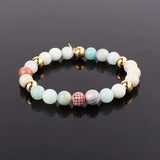 8mm Natural Stone Beaded Bracelet with CZ Pave Ball Charm