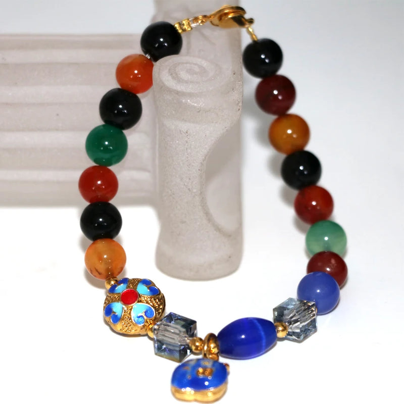 8mm Multicolor Agat Beads Bangle Cloisonne Bracelet