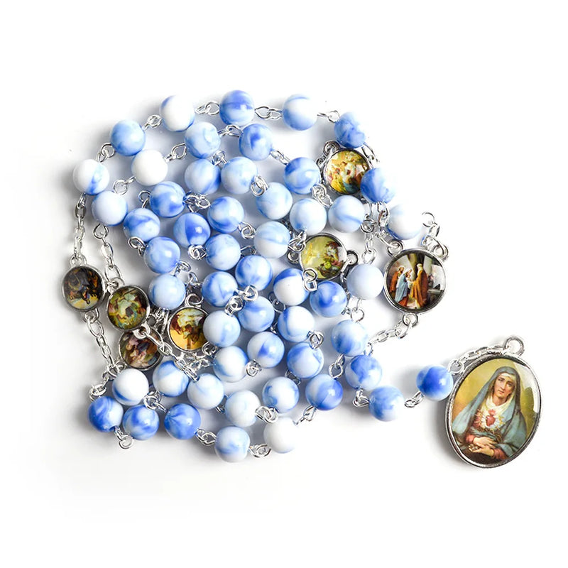 8mm Seven Sorrow Long Pendant Rosary Necklace Gift