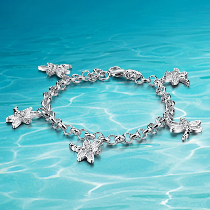 925 Silver Dragonfly Bracelet Bohemian Charm Bangle Jewelry