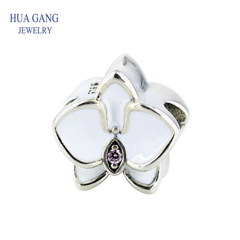 925 Sterling Silver Orchid Charm Bracelet Women Jewelry