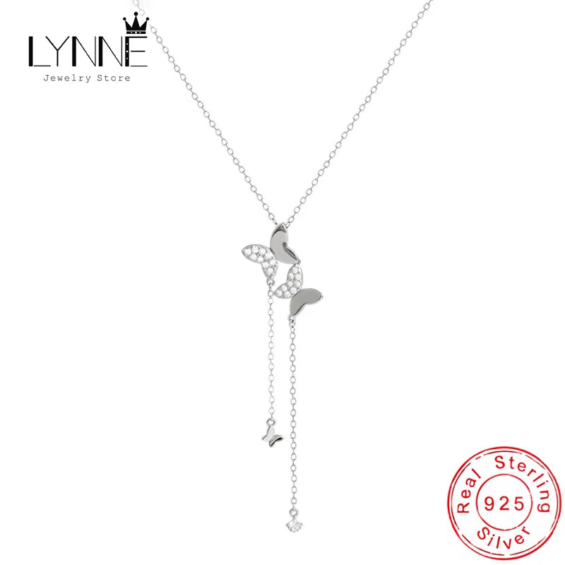 925 Silver Double Butterfly Zircon Pendant Collarbone Necklace