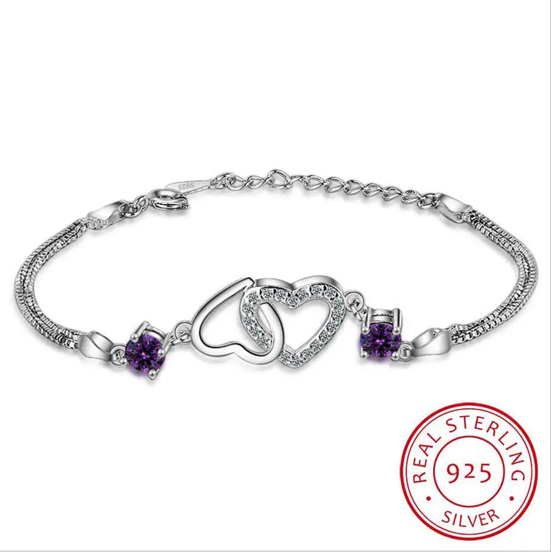 925 Silver Double Heart Purple Zircon Bracelet Women Crystal Fine Jewelry
