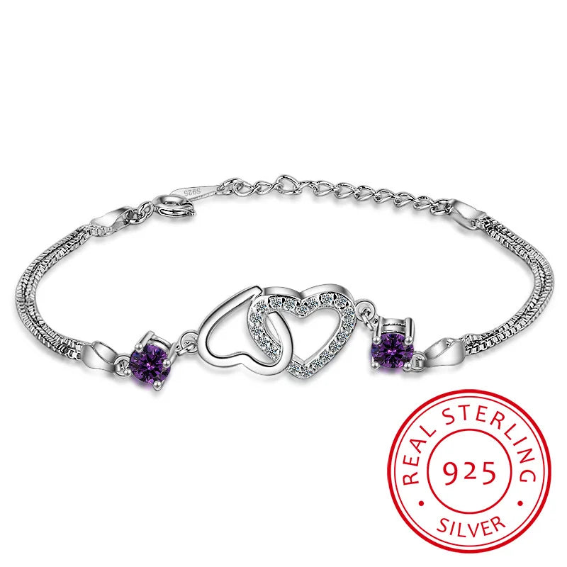 925 Silver Double Heart Purple Zircon Bracelet Crystal Jewelry