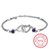 925 Silver Double Heart Purple Zircon Bracelet Crystal Jewelry