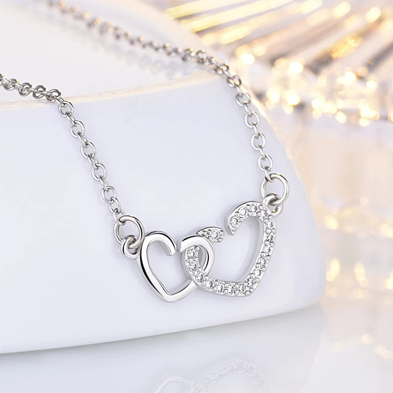 925 Silver Double Heart Zircon Pendant Necklace Rose Rhinestone Chain