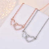 925 Silver Double Heart Zircon Pendant Necklace Rose Rhinestone Chain