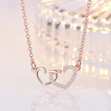 925 Silver Double Heart Zircon Pendant Necklace Rose Rhinestone Chain