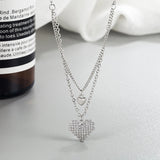 925 Silver Double Heart CZ Pendant Necklace Love Zircon Clavicle Chain