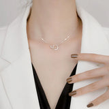 925 Silver Double Round Pendant Necklace with Rose Rhinestone Clavicle Chain