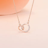 925 Silver Double Round Pendant Necklace with Rose Rhinestone Clavicle Chain