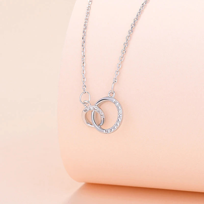 925 Silver Double Round Pendant Necklace with Rose Rhinestone Clavicle Chain