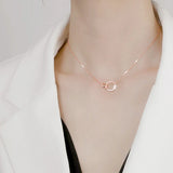 925 Silver Double Round Pendant Necklace with Rose Rhinestone Clavicle Chain