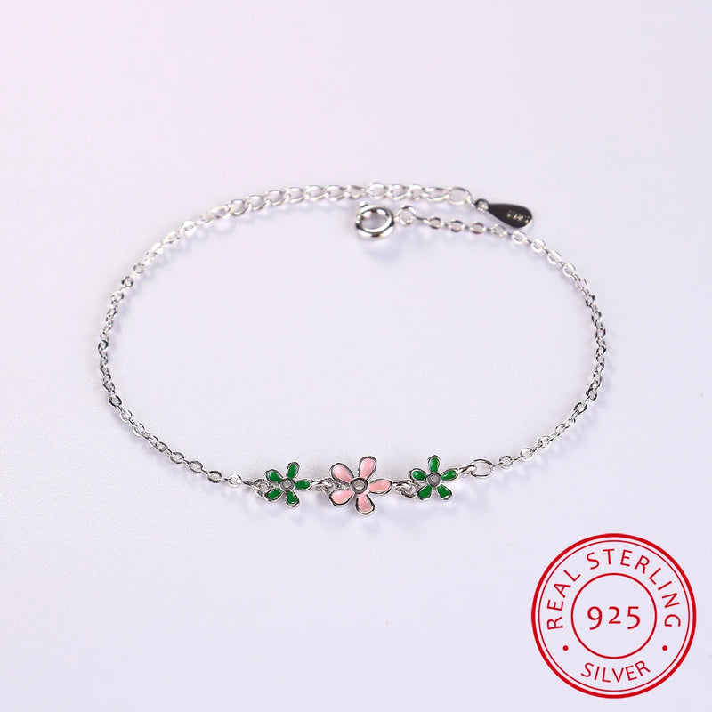 925 Silver Drop Glaze Leaves Flower Daisy Bracelet for Women