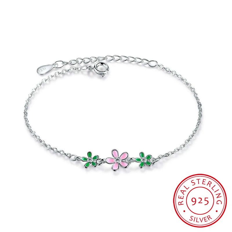 925 Silver Glaze Leaves Flower Bracelet For Women S-B206