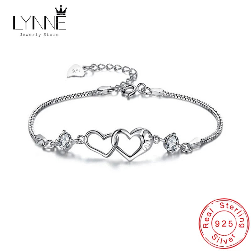 925 Silver Heart Zircon Charm Bracelet Double Love Rhinestone CZ Pendant