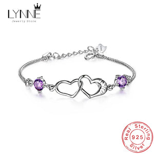 925 Silver Heart Zircon Charm Bracelet Double Love Rhinestone CZ Pendant