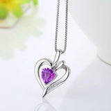 925 Silver Heart Pendant Necklace Purple Zircon CZ Chain Women Gift