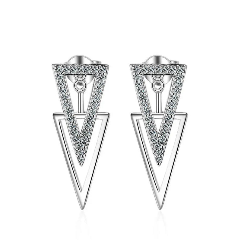 925 Silver Micro Cz Double Triangle Hanging Earrings