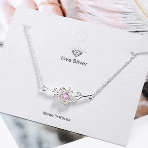 925 Silver Pink Zirconia Blossom Cherry Flower Pendant Necklace for Women