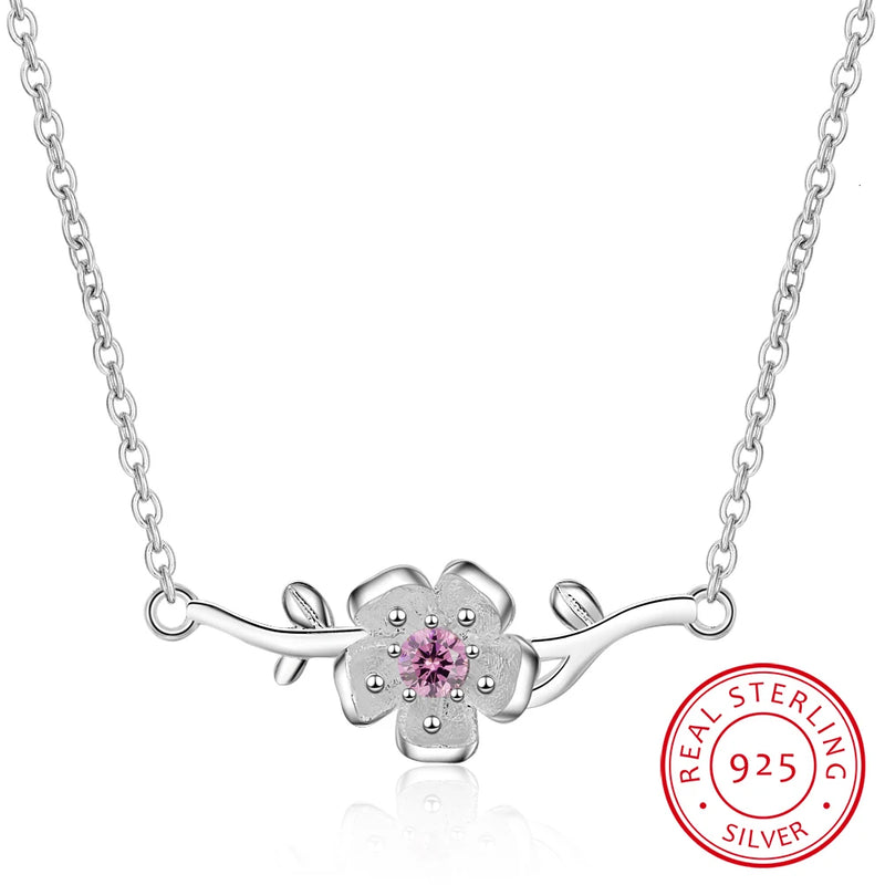 925 Silver Pink Zirconia Blossom Cherry Flower Pendant Necklace for Women