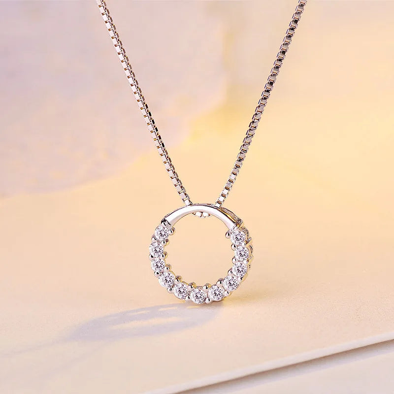 925 Silver Crystal Round Pendant Necklace for Women Gift Jewelry
