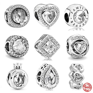 925 Silver Zircon Heart Charm Beads for Bracelet DIY, Pendant Accessories