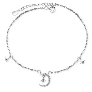 925 Silver Star&Moon Zircon Pendant Anklet Bracelet Constellation Foot Chain