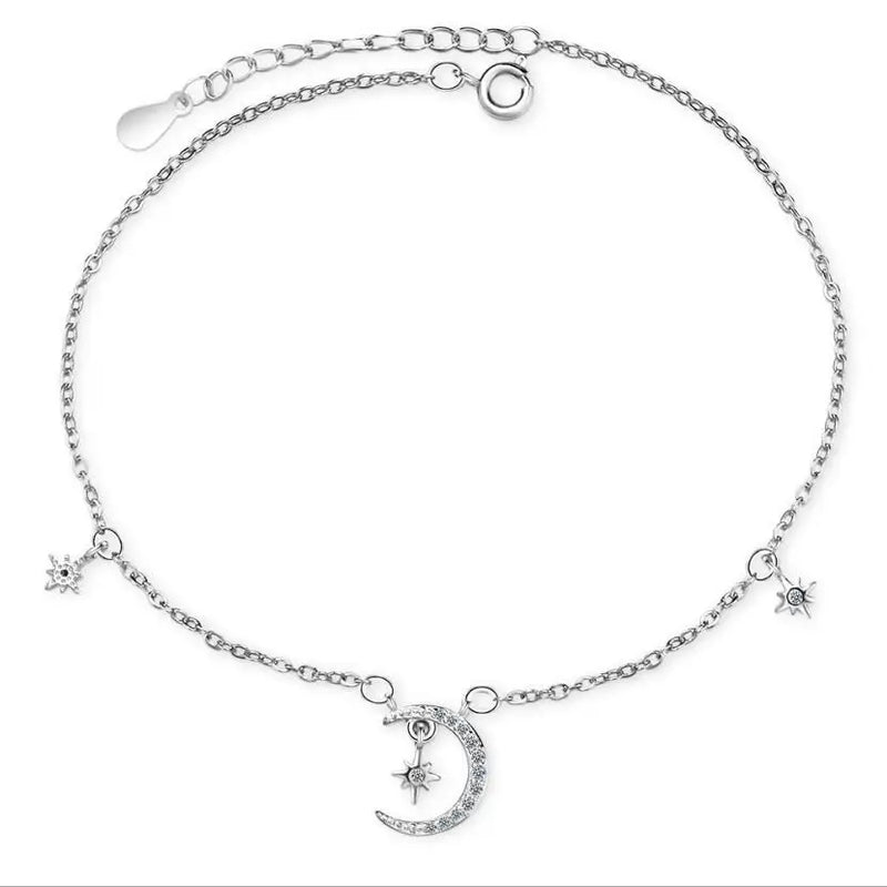925 Silver Star&Moon Zircon Pendant Anklet Bracelet Constellation Foot Chain