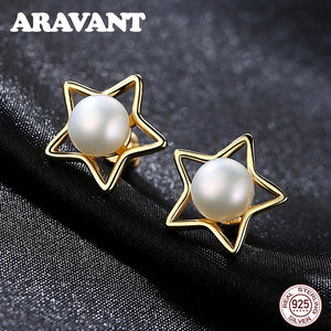 925 Silver Star Stud Earrings Pearl Earrings 8mm