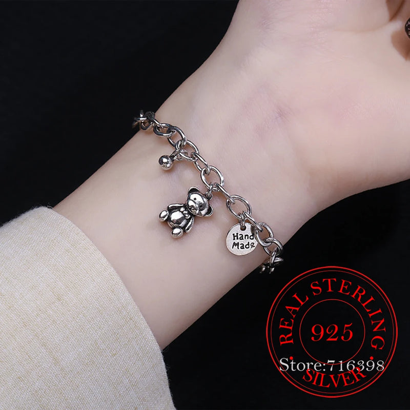 925 Silver Tassel Bead Bear Bracelet Charm Round Tag Bracelets